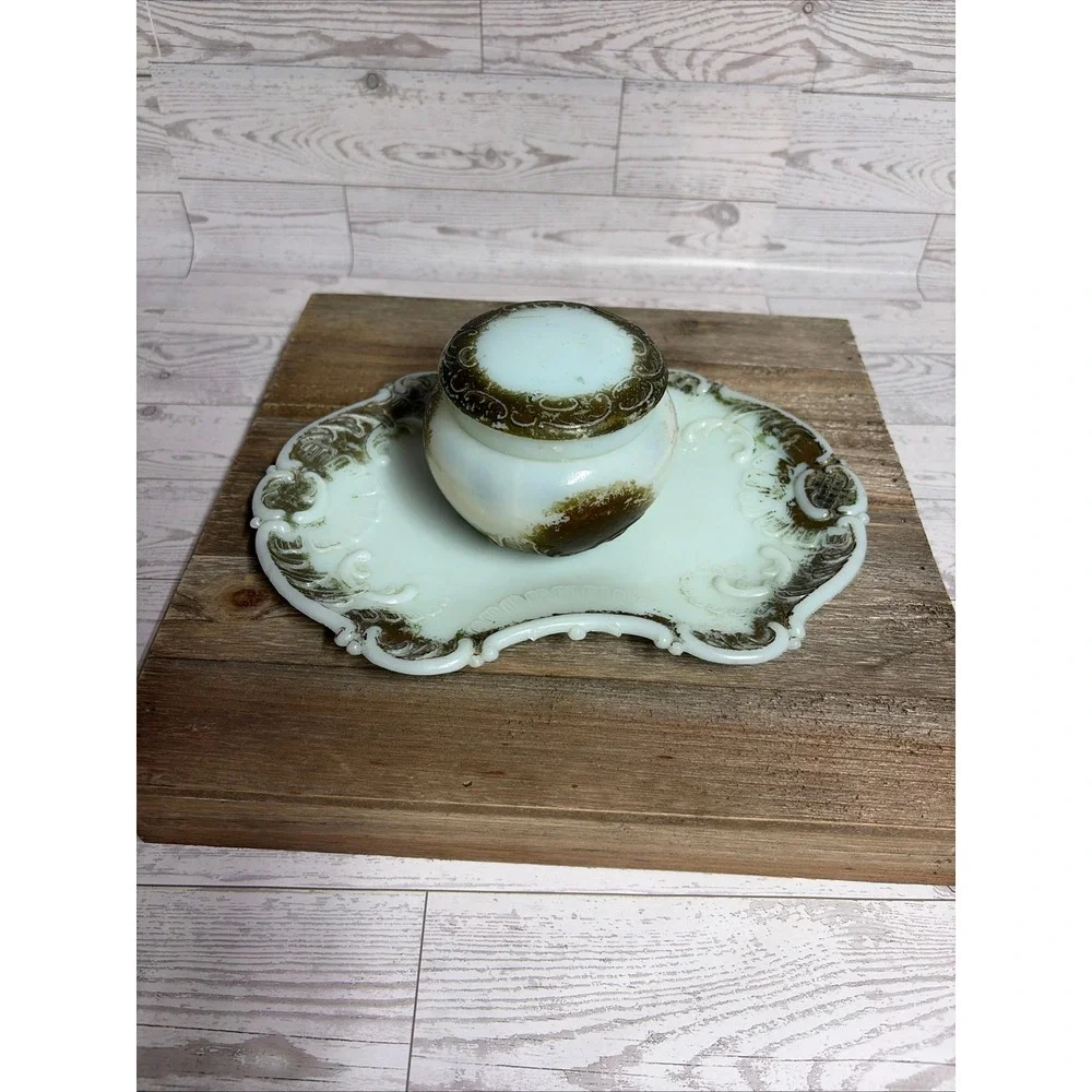 Antique Milk Glass Vanity Set Green Gold Painted Trinket Jar and Tray